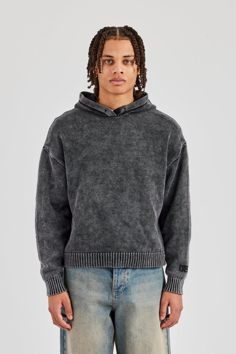 Acid Wash Knitted Hoodie - Charcoal