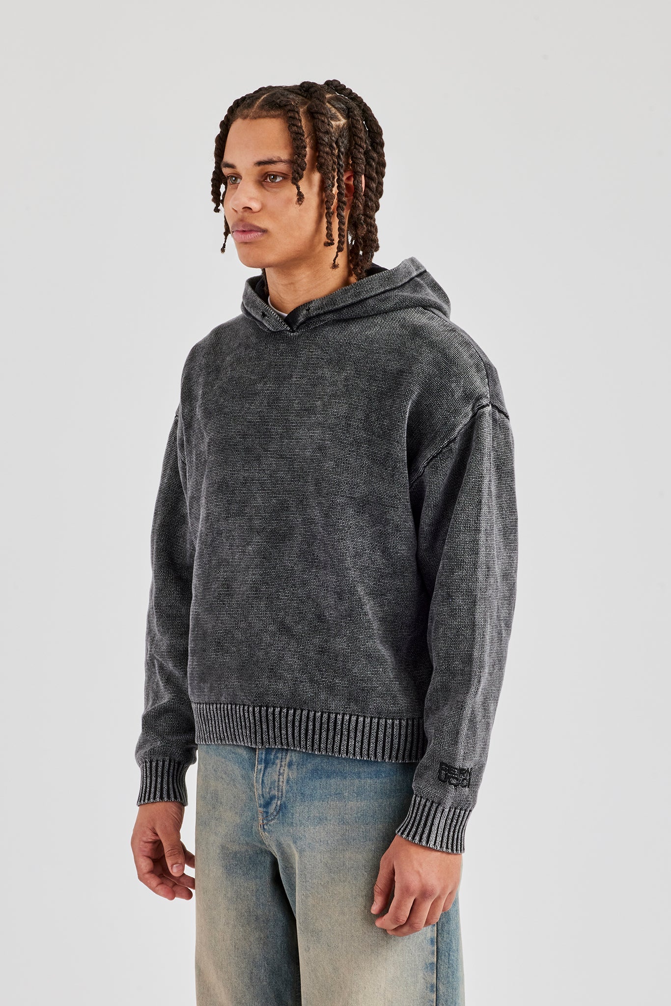 Acid Wash Knitted Hoodie - Charcoal