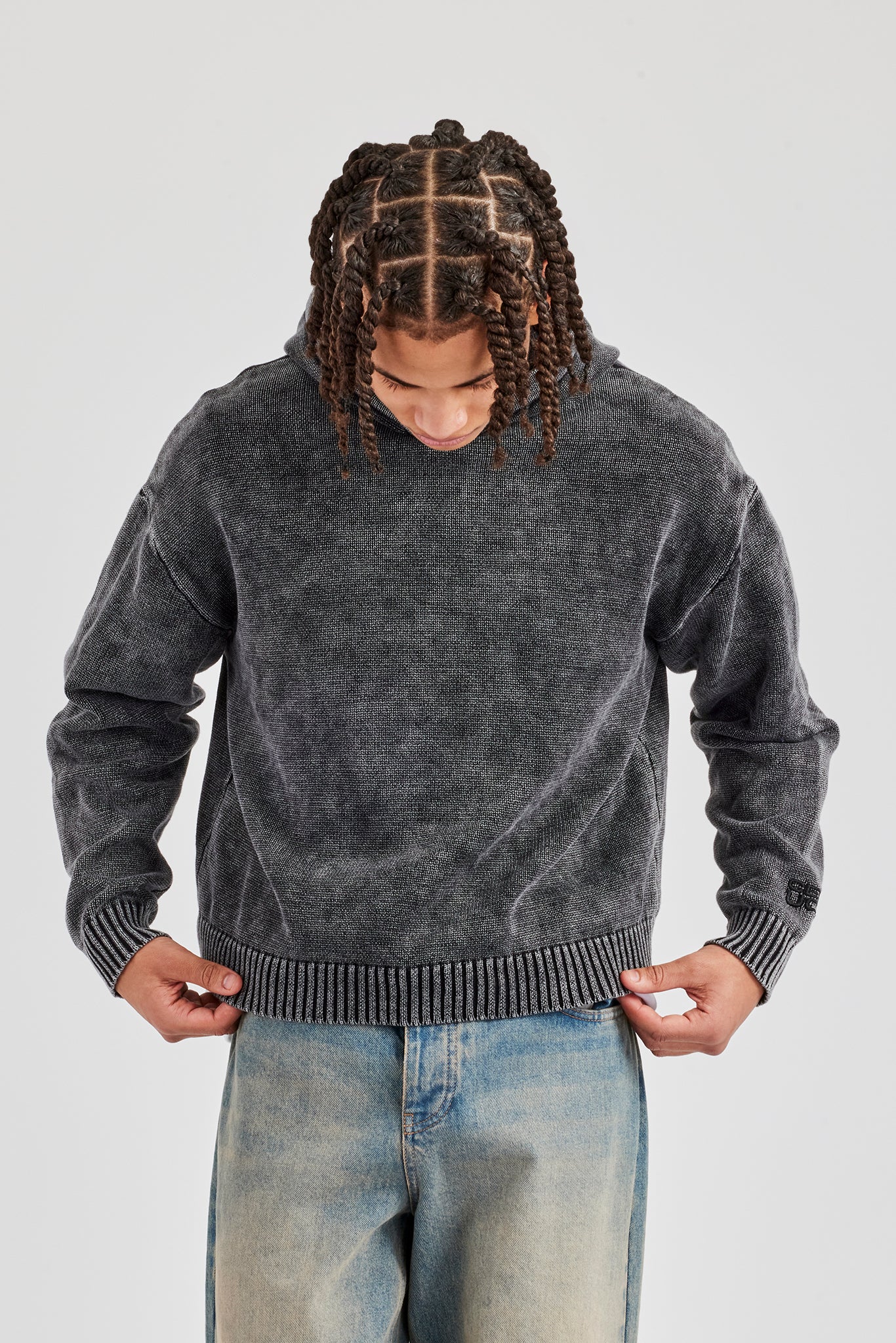 Acid Wash Knitted Hoodie - Charcoal