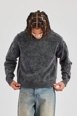 Acid Wash Knitted Hoodie - Charcoal