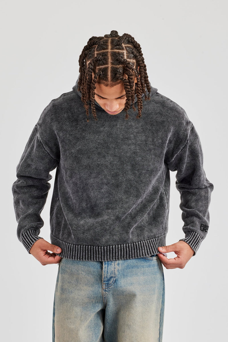 Acid Wash Knitted Hoodie - Charcoal