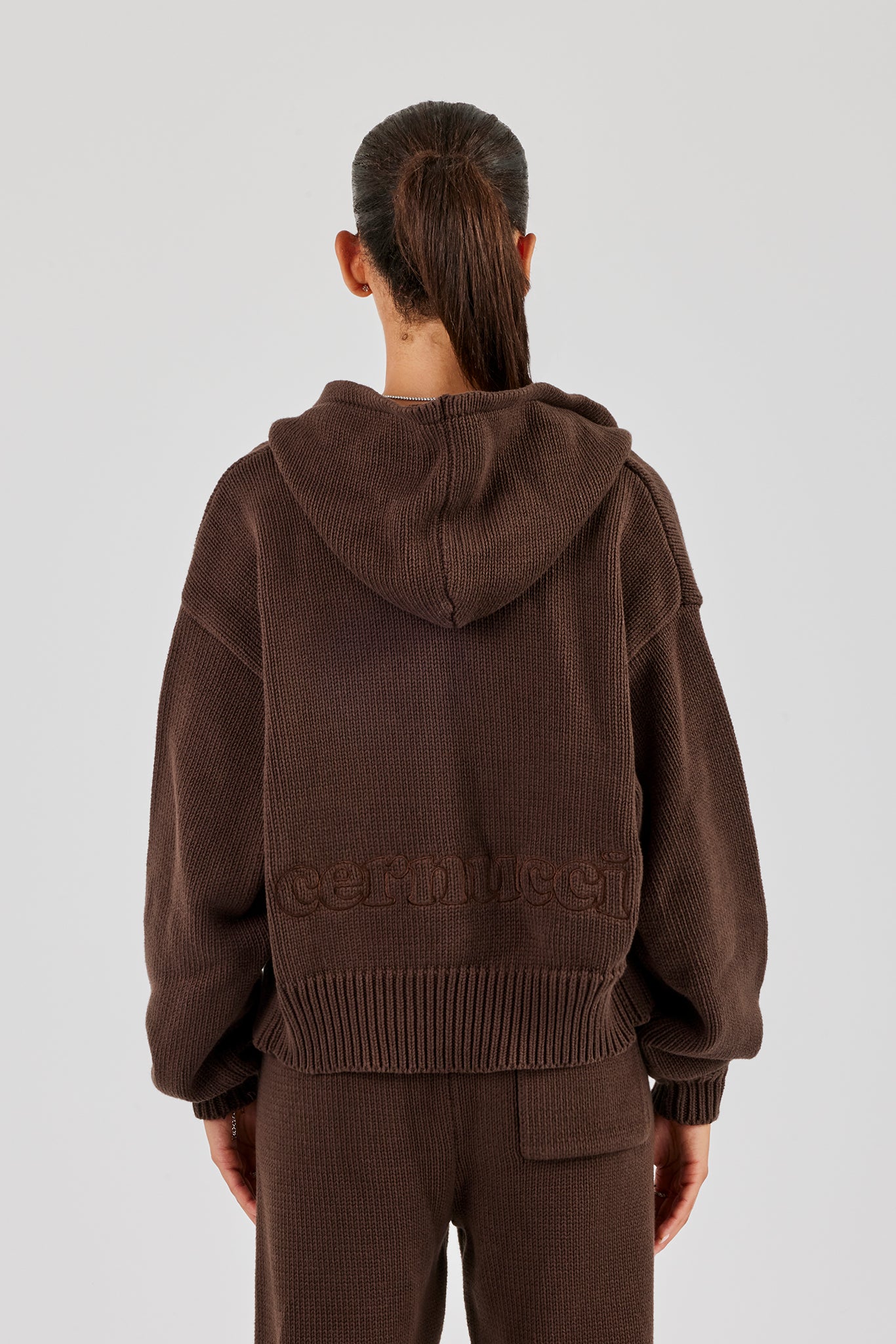 Knitted Embroidered Zip Through Hoodie - Chocolate
