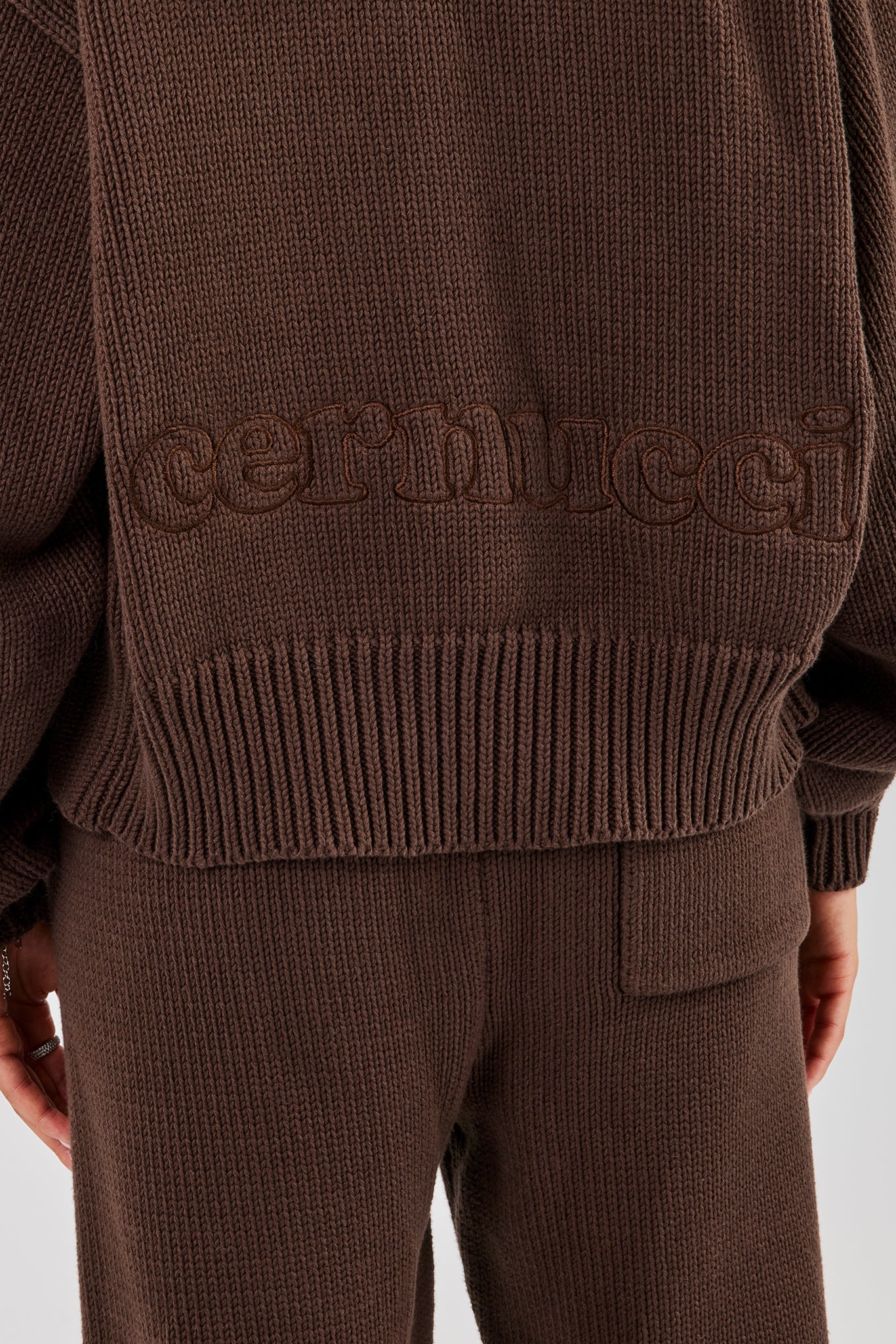 Knitted Embroidered Zip Through Hoodie - Chocolate