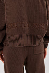 Knitted Embroidered Zip Through Hoodie - Chocolate