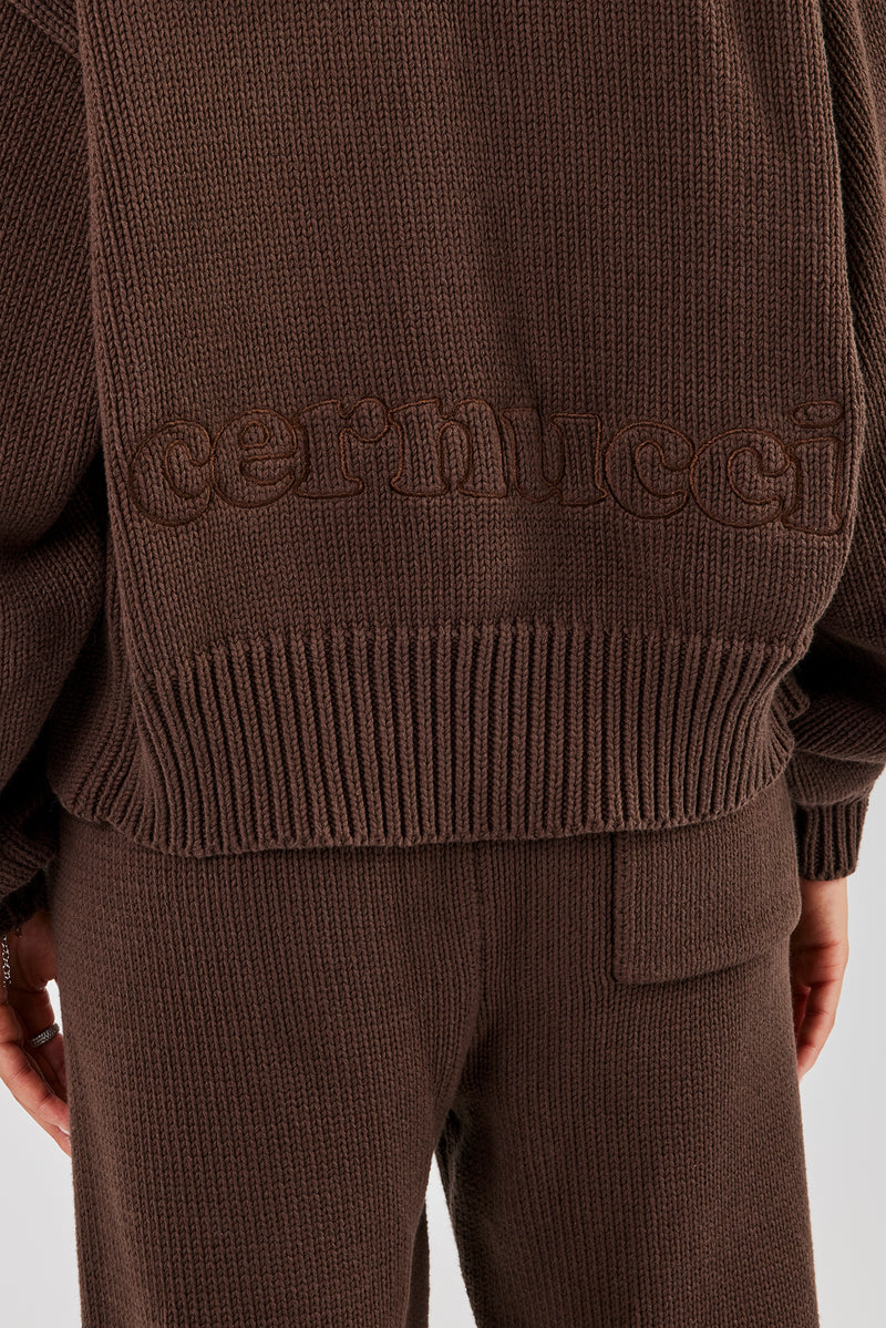 Knitted Embroidered Zip Through Hoodie - Chocolate