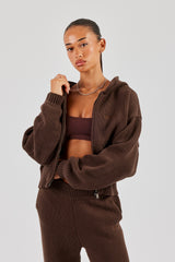 Knitted Embroidered Zip Through Hoodie - Chocolate