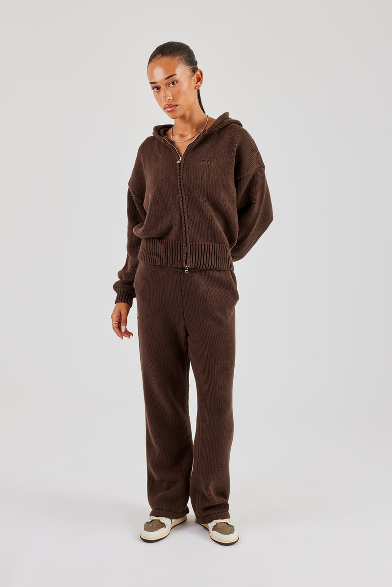 Knitted Embroidered Zip Through Tracksuit - Chocolate