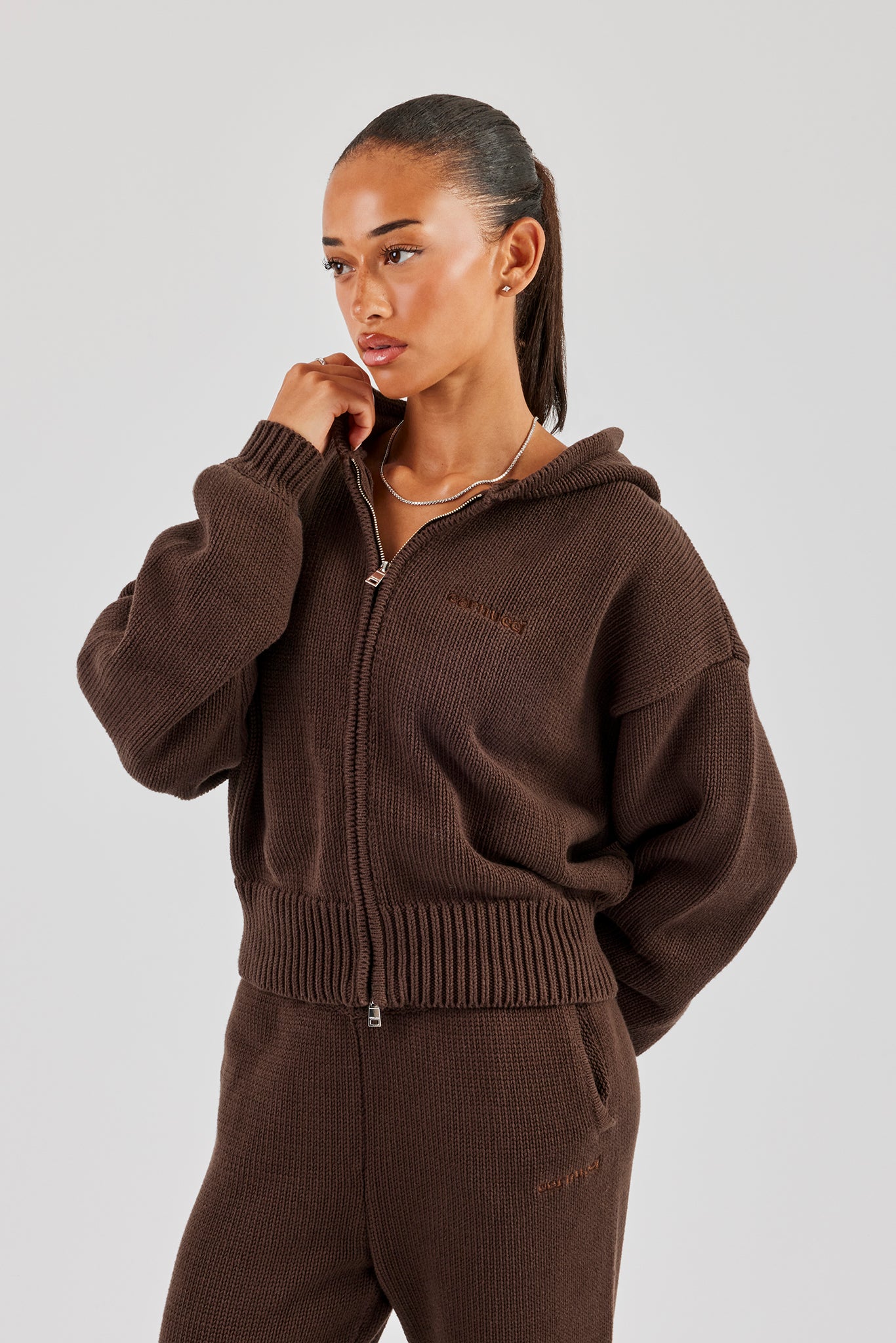 Knitted Embroidered Zip Through Hoodie - Chocolate