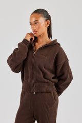 Knitted Embroidered Zip Through Hoodie - Chocolate