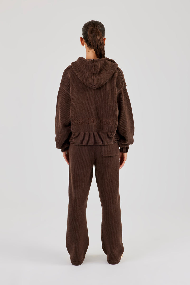 Knitted Embroidered Zip Through Tracksuit - Chocolate