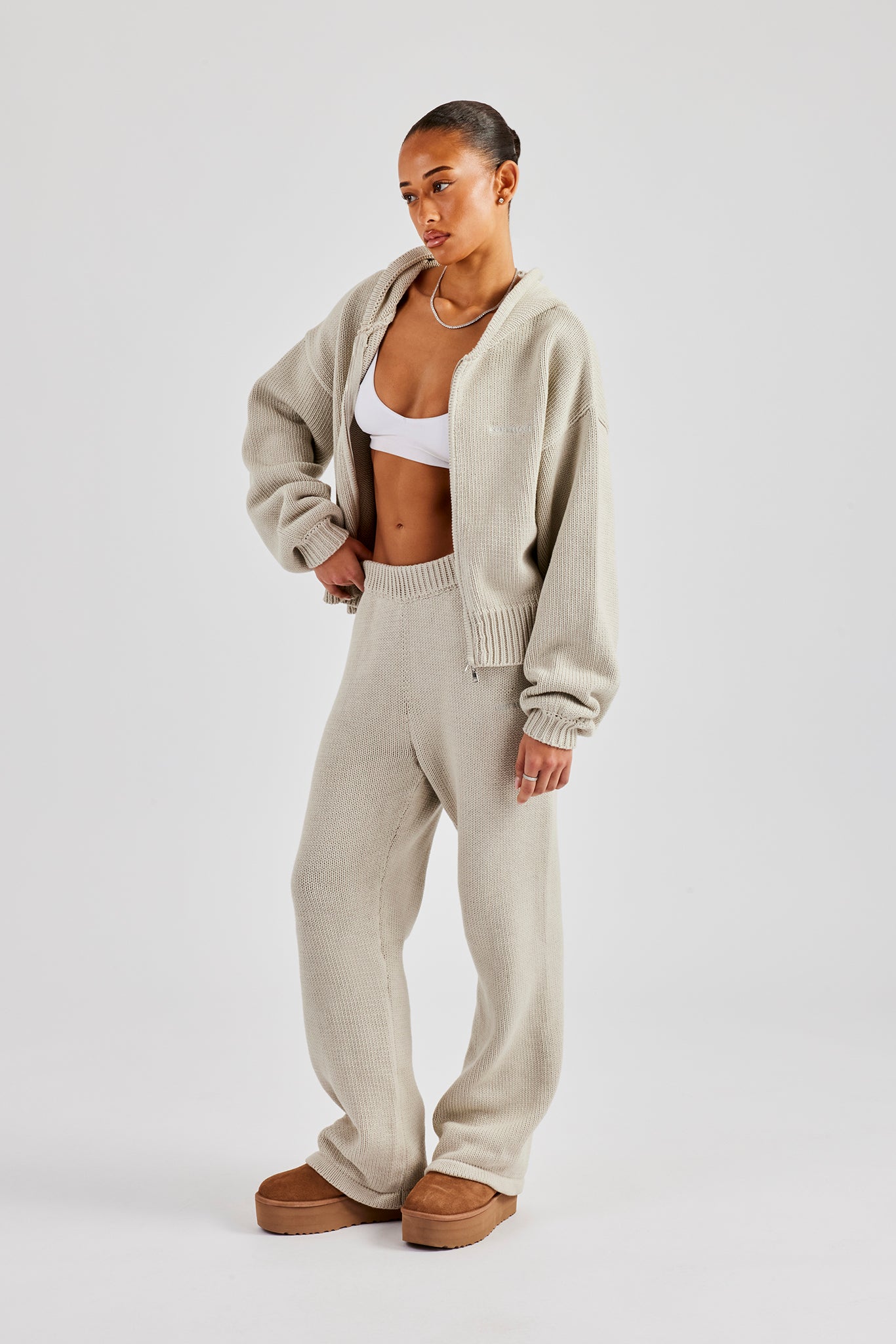 Knitted Embroidered Zip Through Hoodie - Stone | Womens Knitwear