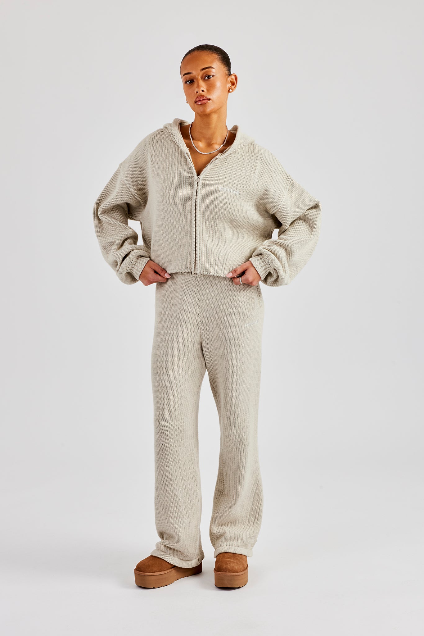 Knitted Embroidered Zip Through Tracksuit - Stone | Womens Sets
