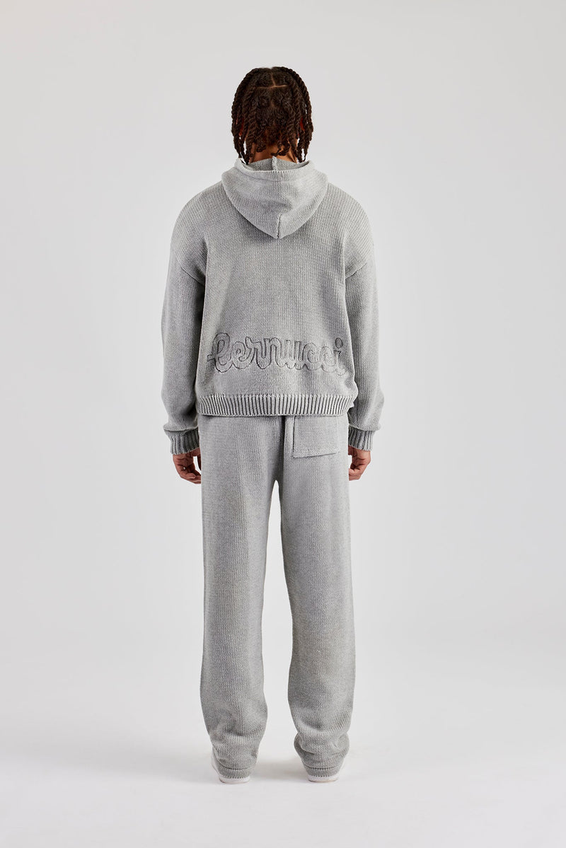 Boxy Knitted Embroidered Hoodie & Straight Leg Jogger - Grey