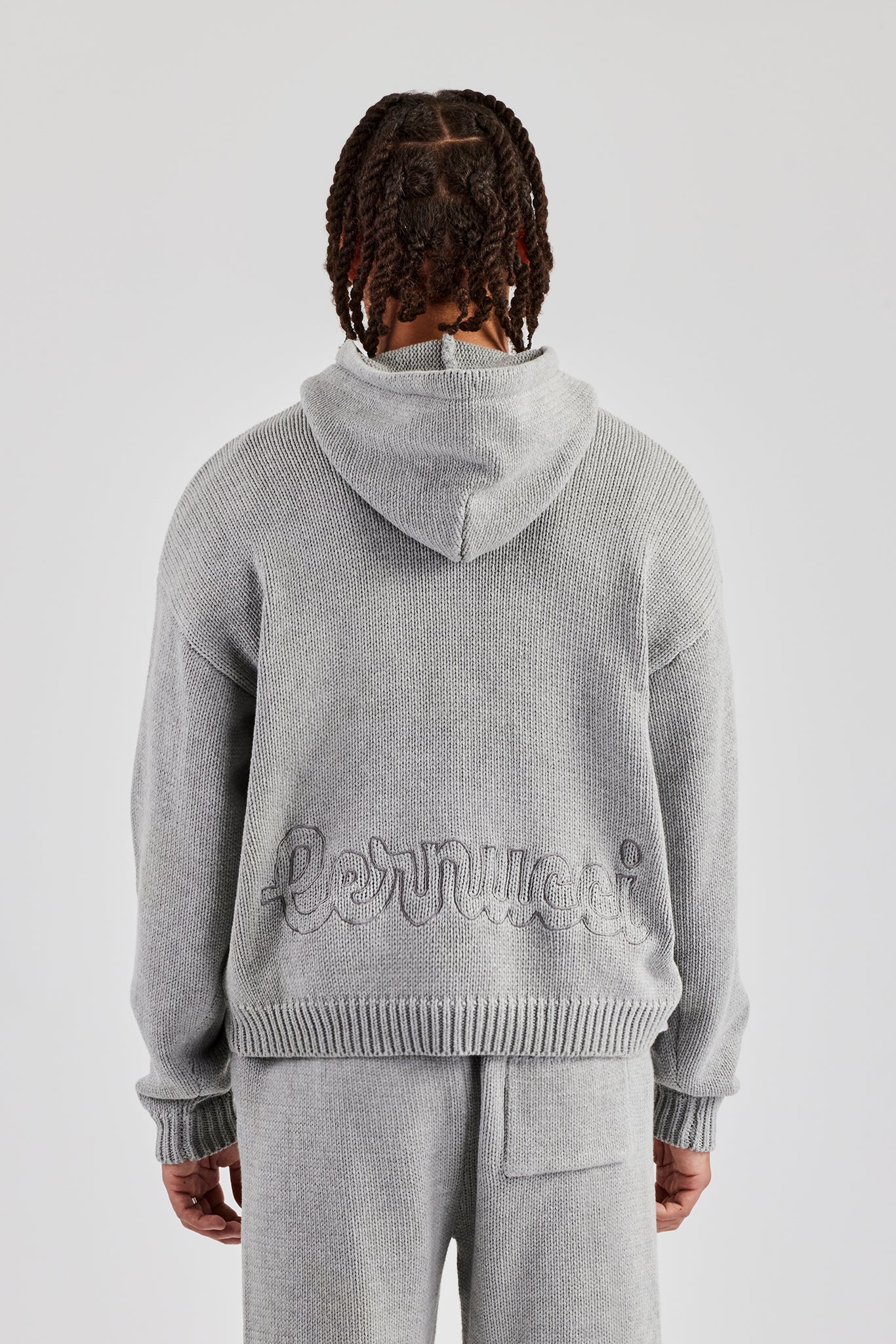 Boxy Knitted Embroidered Hoodie - Grey | Mens Knitwear | Shop