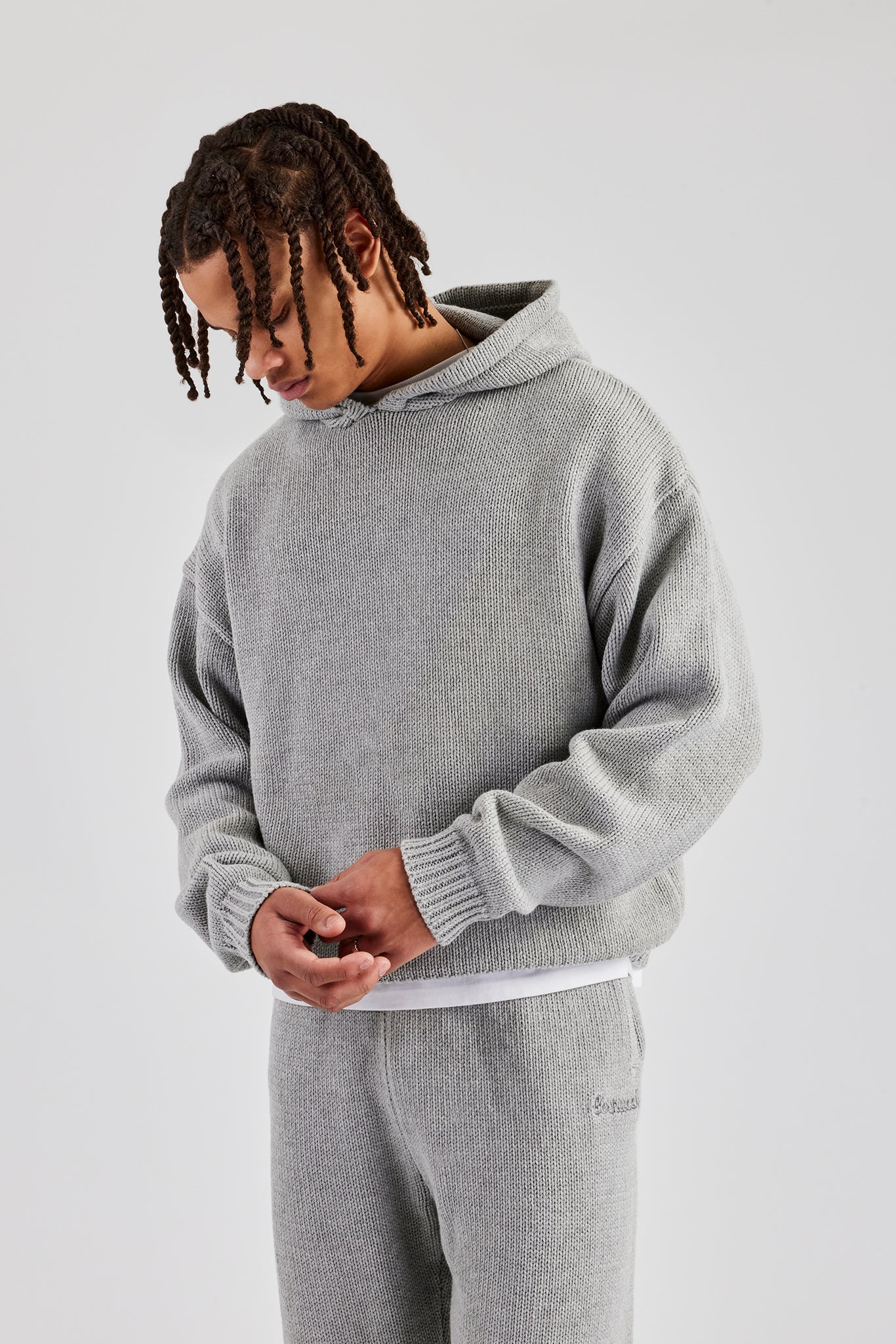 Boxy Knitted Embroidered Hoodie - Grey | Mens Knitwear | Shop