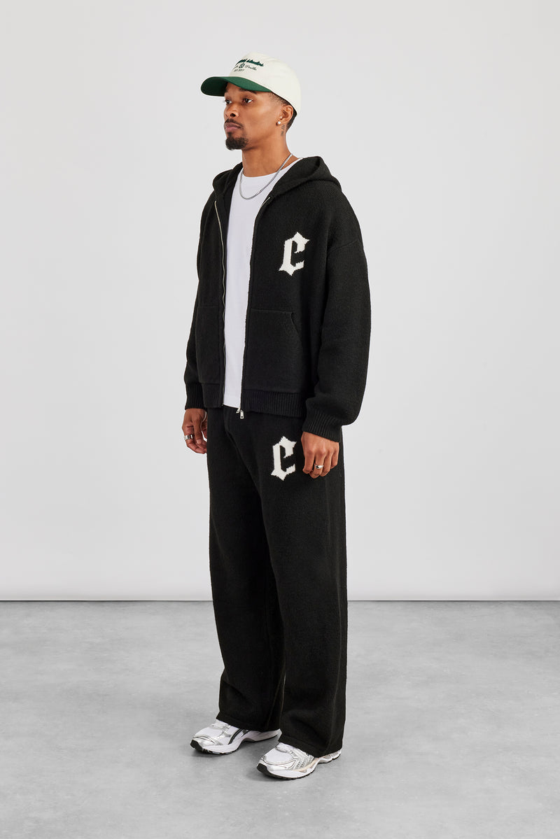 Herren C Strick-Kapuzenpullover und Jogginghose mit Reißverschluss – Schwarz