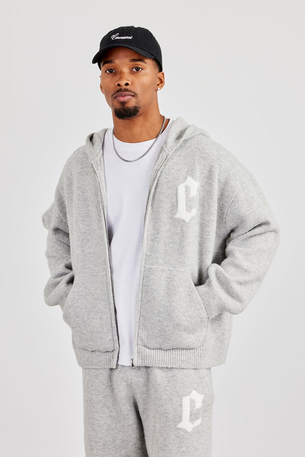 Mens C Knitted Zip Through Hoodie - Grey