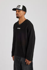 Langärmliges Strick-College-Shirt – Schwarz