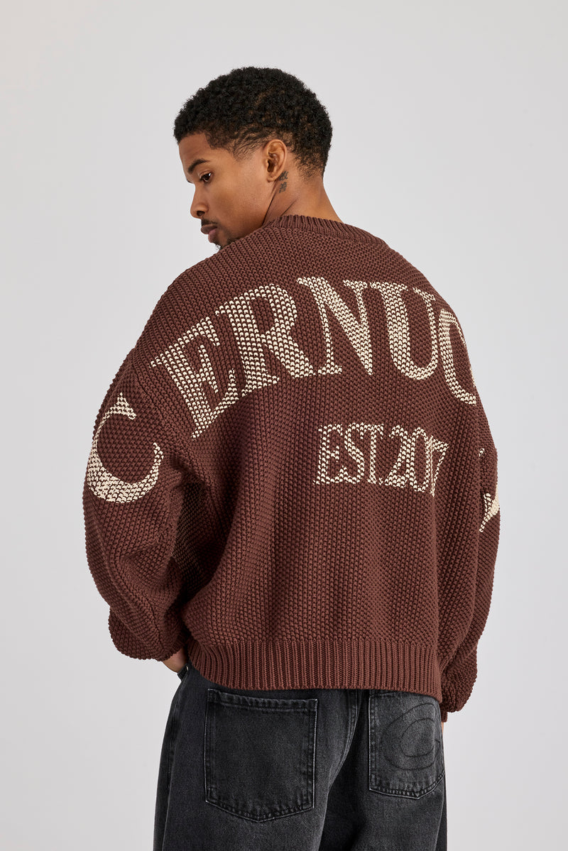 Sweatshirt mit Strukturstrickmuster und Print – Schokolade