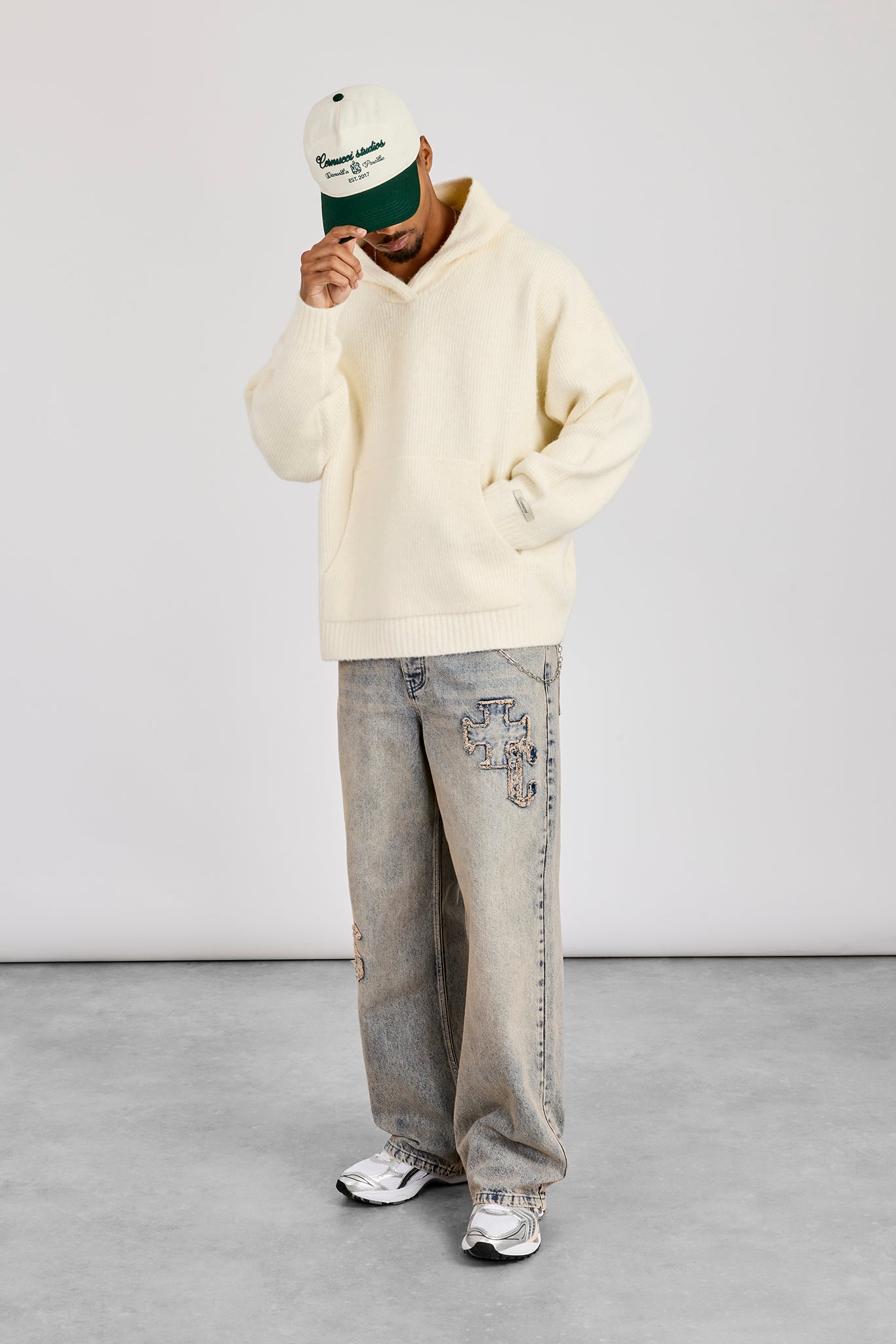 Knitted V Neck Hoodie - Off White | Mens Knitwear | Shop Knitwear