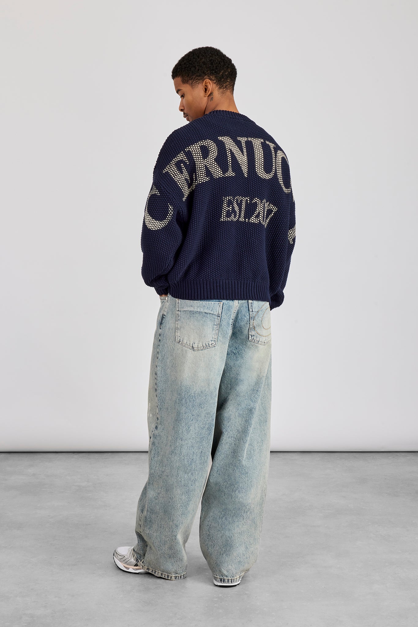 Sweatshirt mit strukturiertem Strickmuster und Print - Marineblau