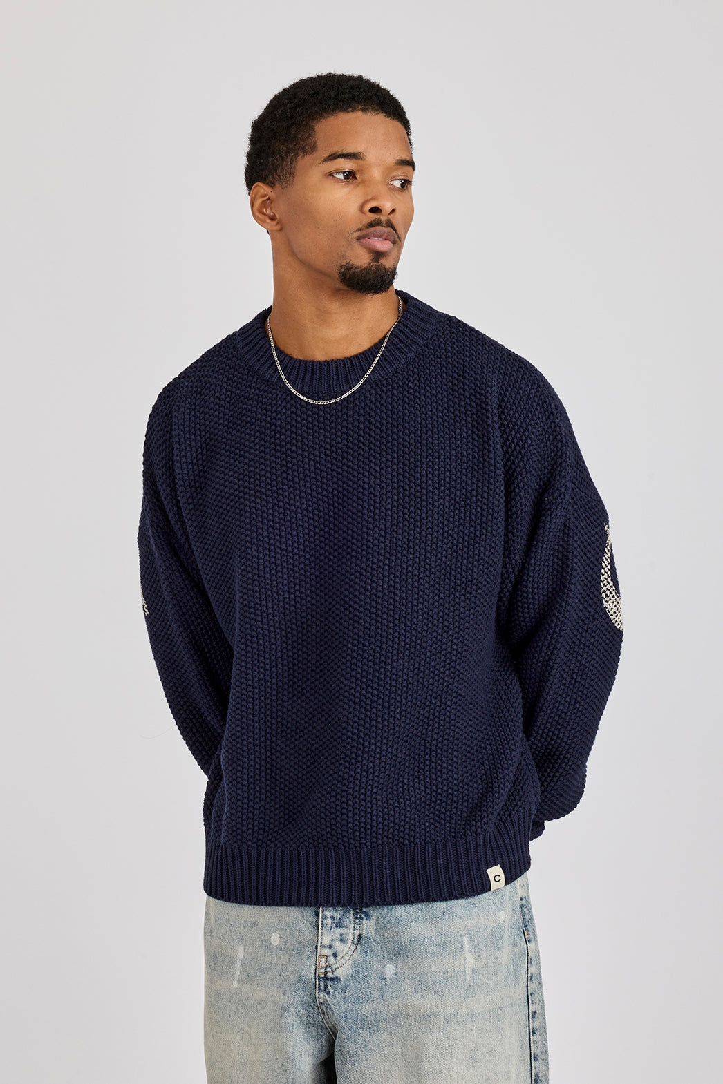 11AW Mirror期 PRINTED V-NECK SWEAT Textured Knit Printed Sweatshirt - Navy Blue | Mens Knitwear