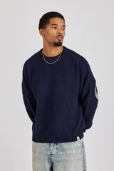 Sweatshirt mit strukturiertem Strickmuster und Print - Marineblau