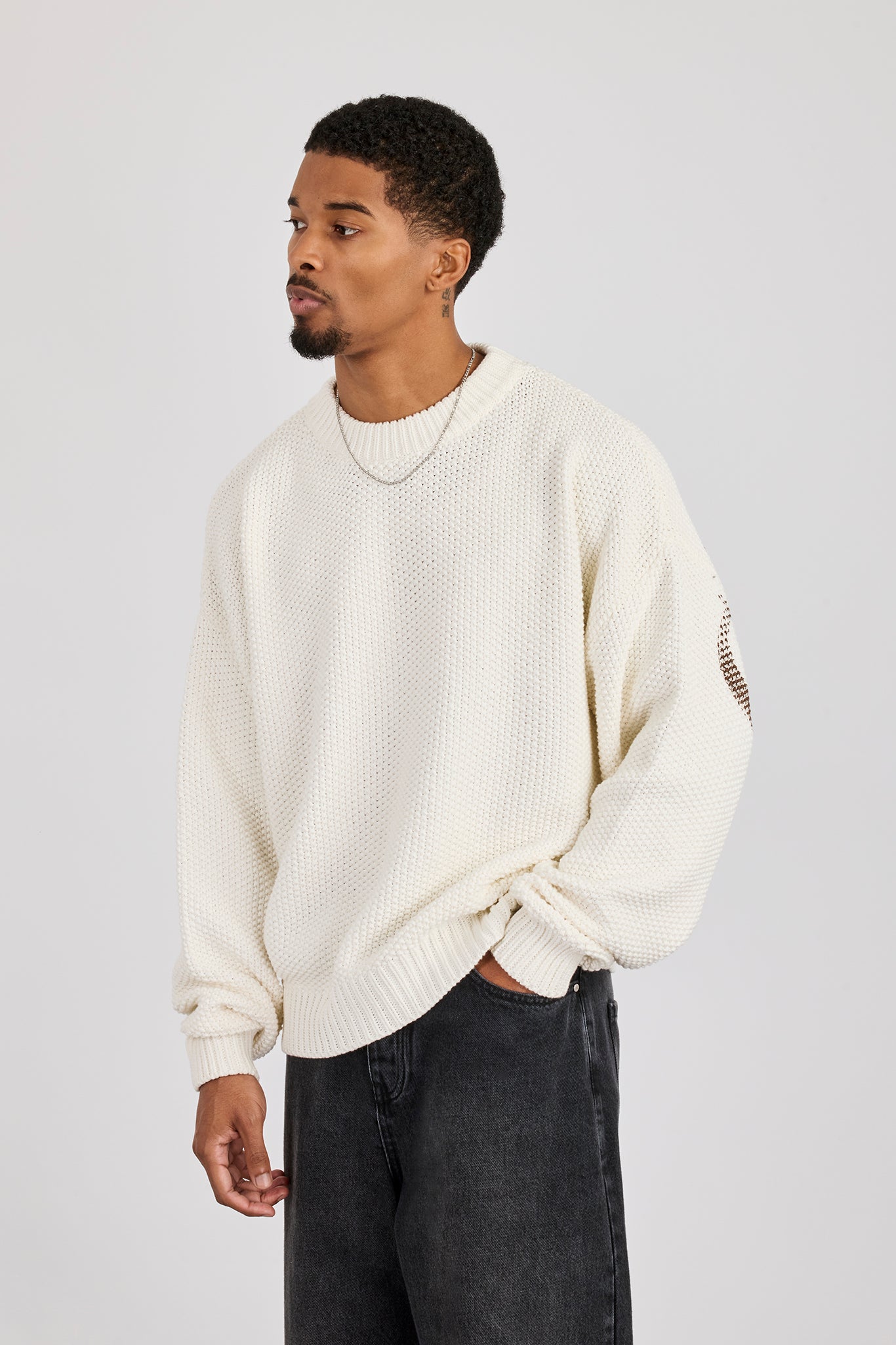 Textured Knit Printed Sweatshirt - Off White | Mens Knitwear