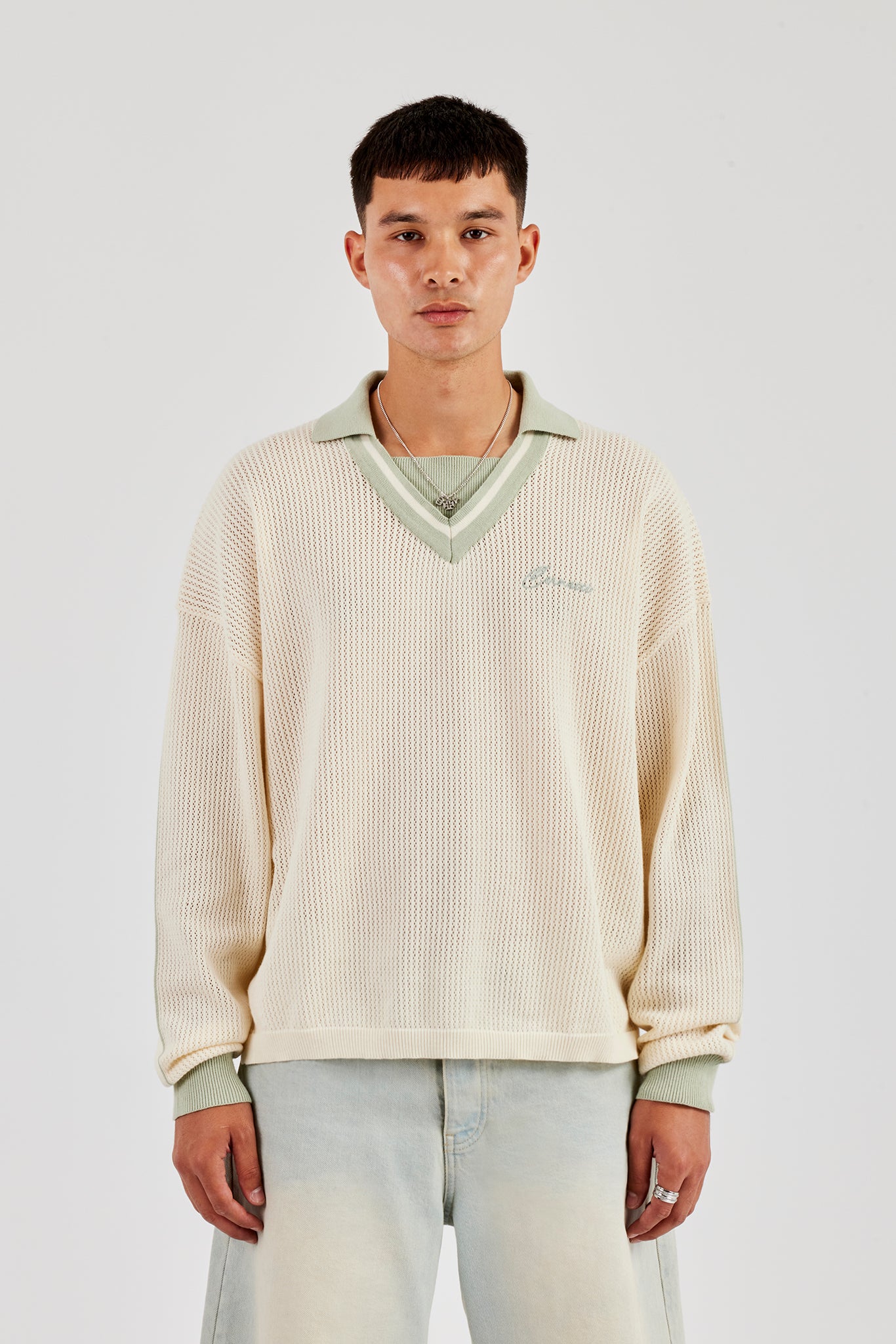 Knitted Cernucci Long Sleeve Polo - Green