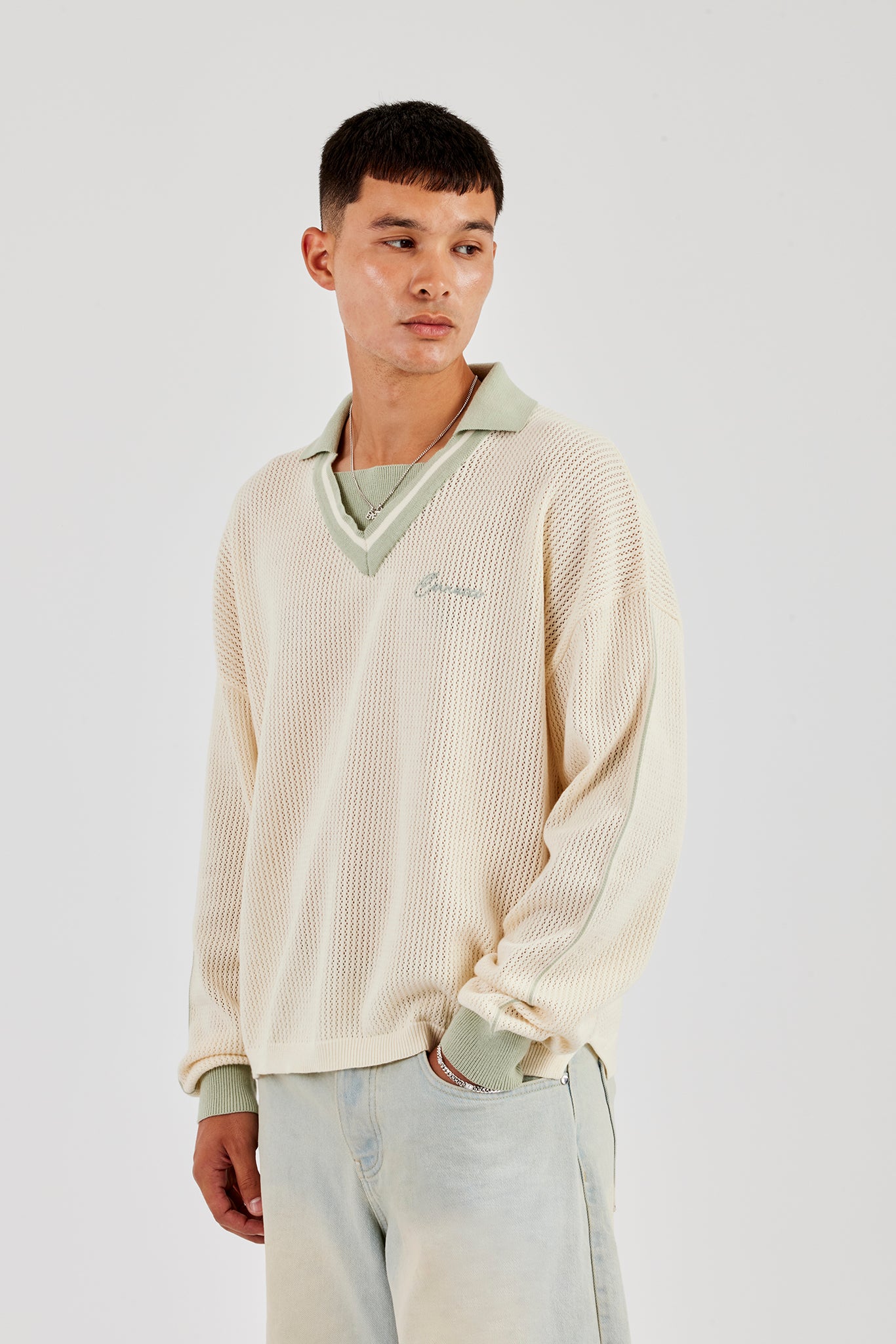 Knitted Cernucci Long Sleeve Polo - Green