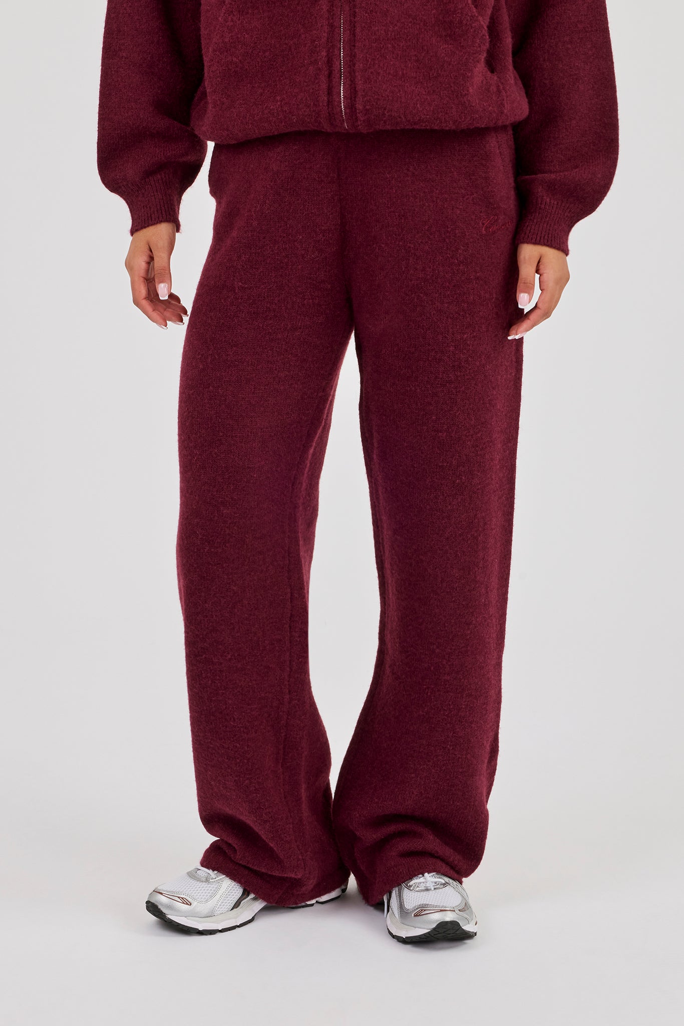 Knitted Stitch Detail Wide Leg Jogger - Burgundy