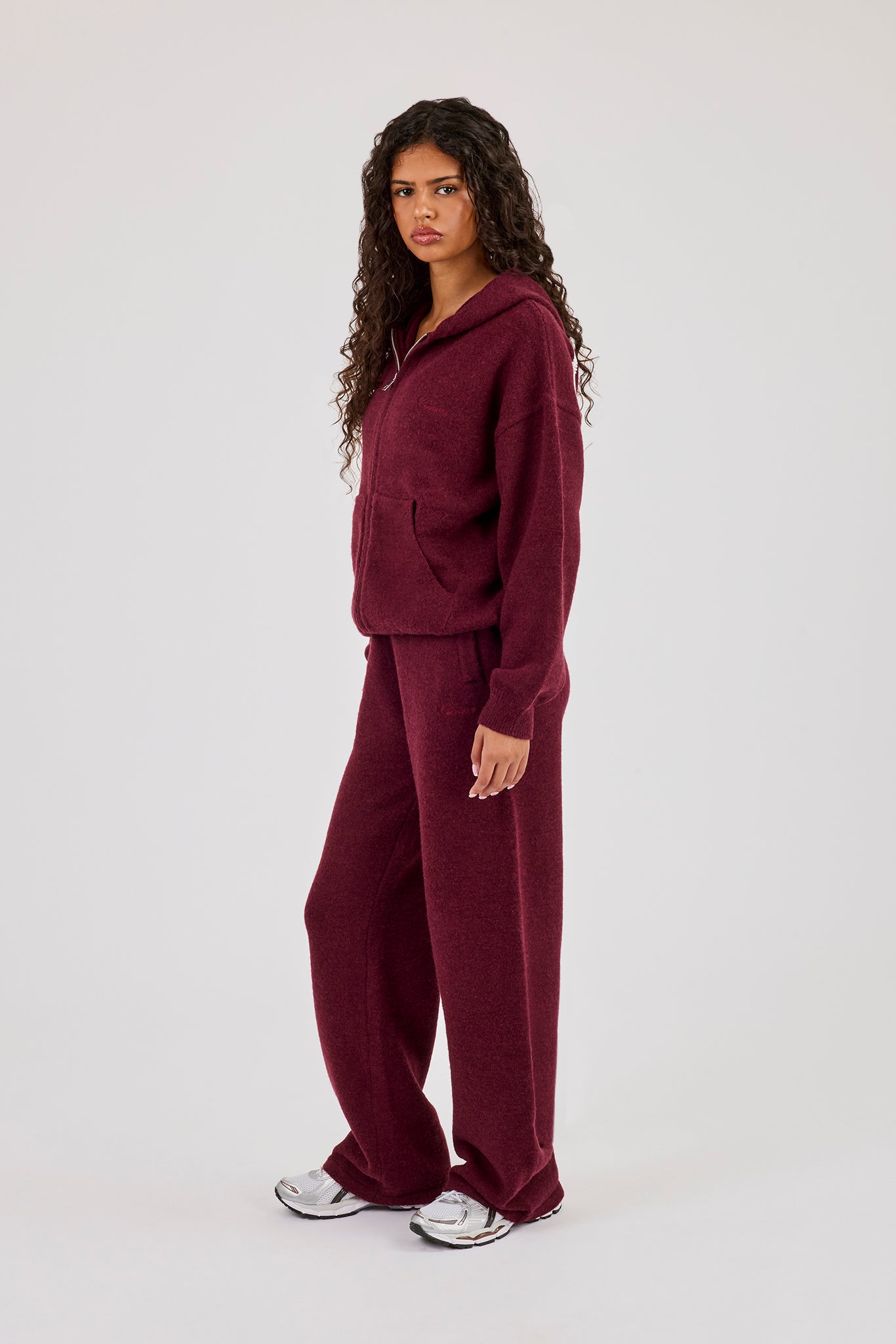 Knitted Stitch Back Detail Zip Through Hoodie & Wide Leg Jogger  - Burgundy