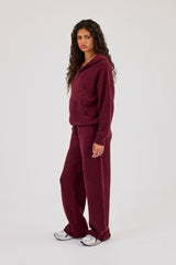 Knitted Stitch Back Detail Zip Through Hoodie & Wide Leg Jogger  - Burgundy