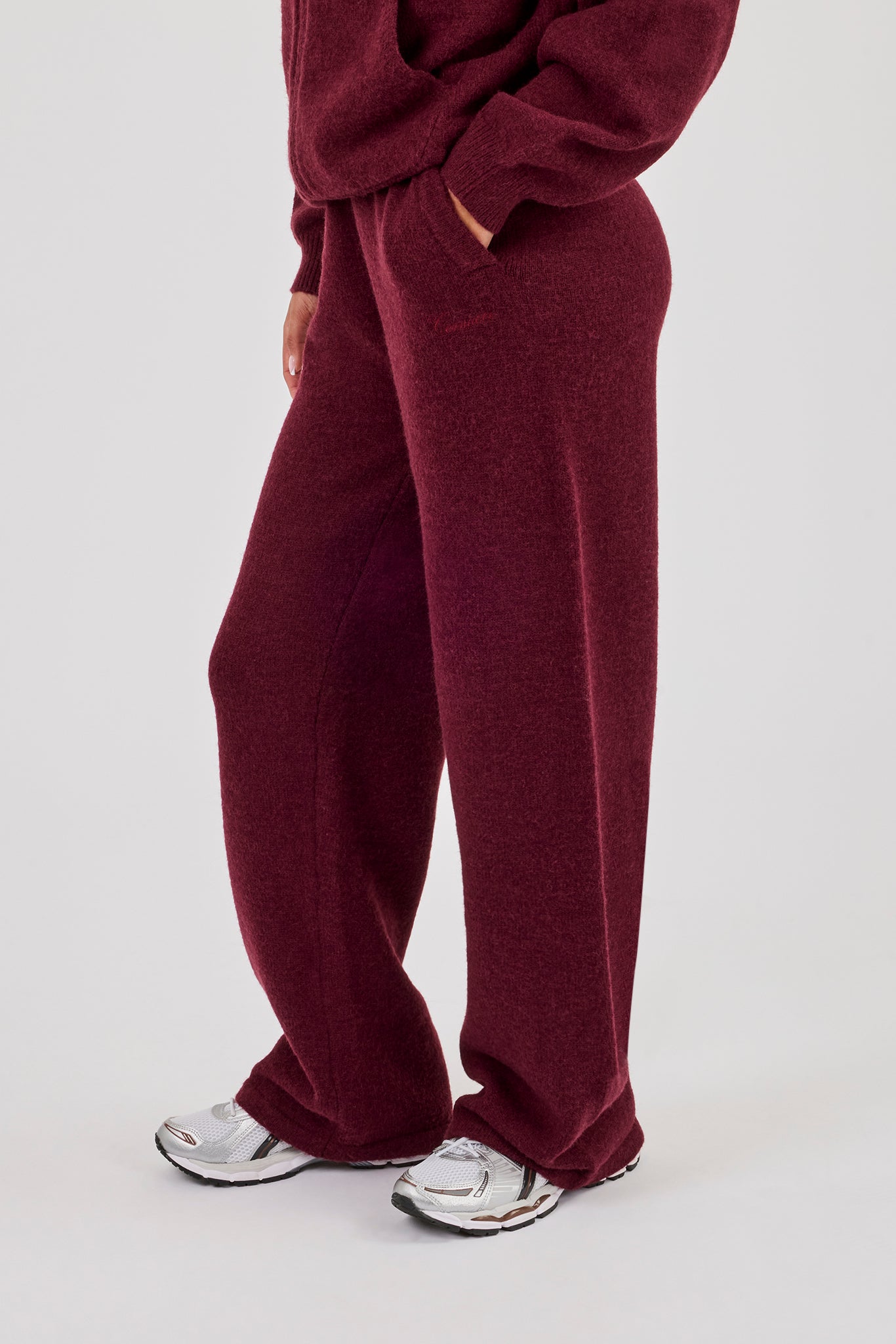 Knitted Stitch Detail Wide Leg Jogger - Burgundy