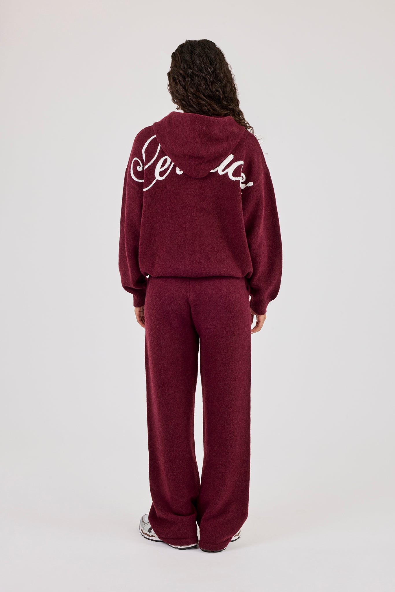 Knitted Stitch Back Detail Zip Through Hoodie & Wide Leg Jogger  - Burgundy