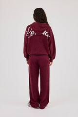 Knitted Stitch Back Detail Zip Through Hoodie & Wide Leg Jogger  - Burgundy