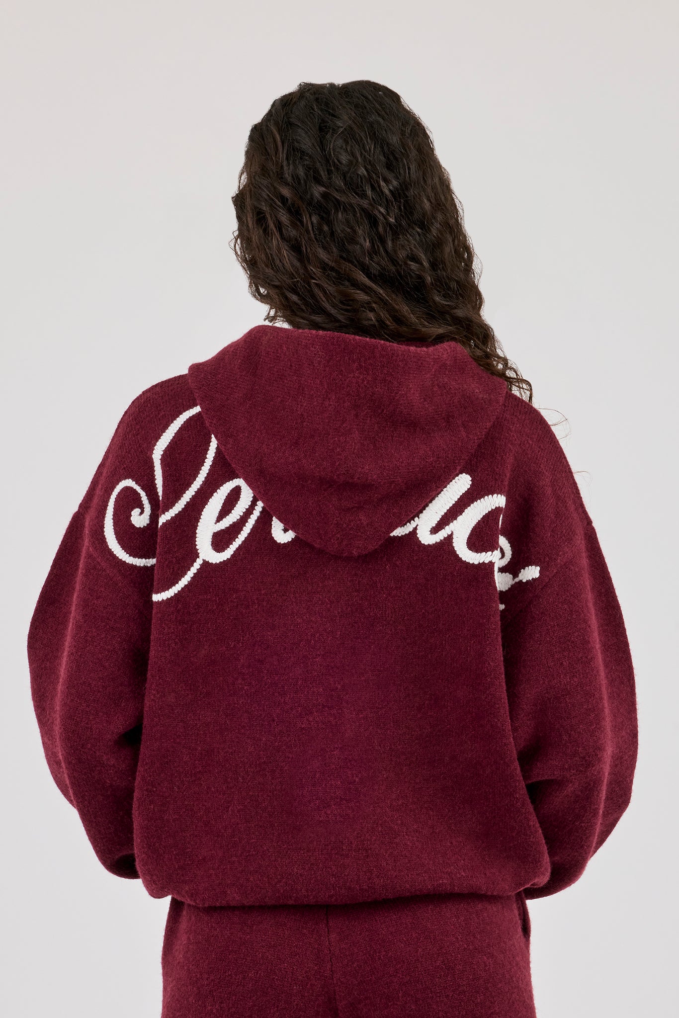 Knitted Stitch Back Detail Zip Through Hoodie - Burgundy
