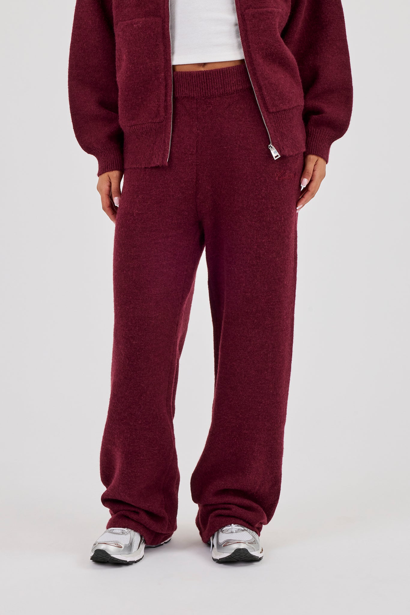 Knitted Stitch Back Detail Zip Through Hoodie & Wide Leg Jogger  - Burgundy