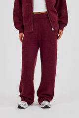 Knitted Stitch Back Detail Zip Through Hoodie & Wide Leg Jogger  - Burgundy