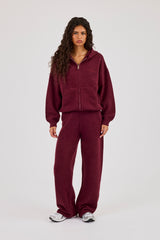 Knitted Stitch Back Detail Zip Through Hoodie & Wide Leg Jogger  - Burgundy