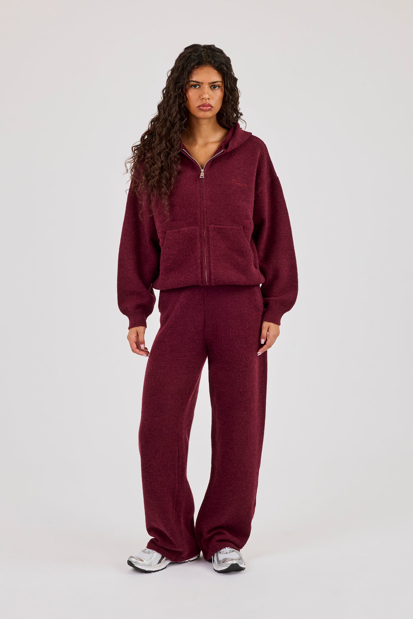 Knitted Stitch Detail Wide Leg Jogger - Burgundy