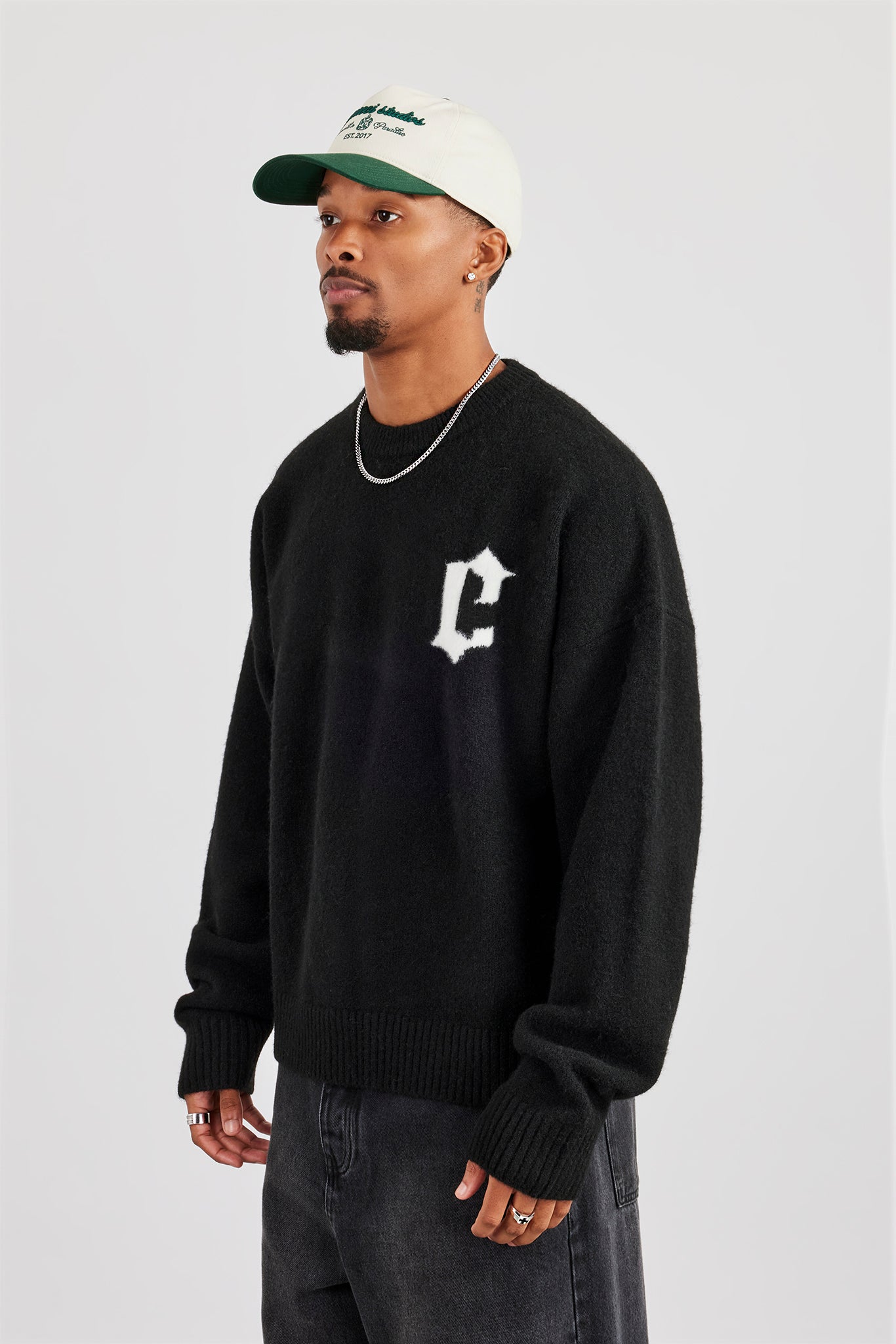 C Intarsia Knitted Sweatshirt - Black