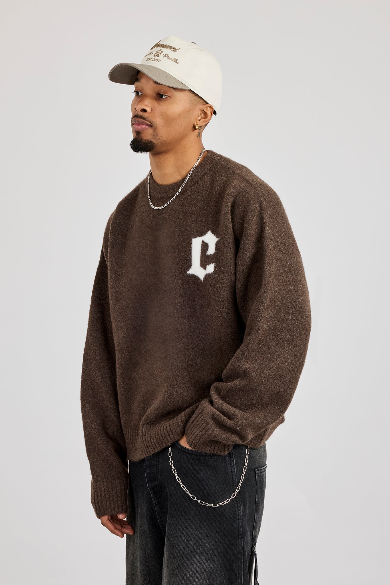 C Intarsia Knitted Sweatshirt - Dark Brown | Mens Knitwear | Shop