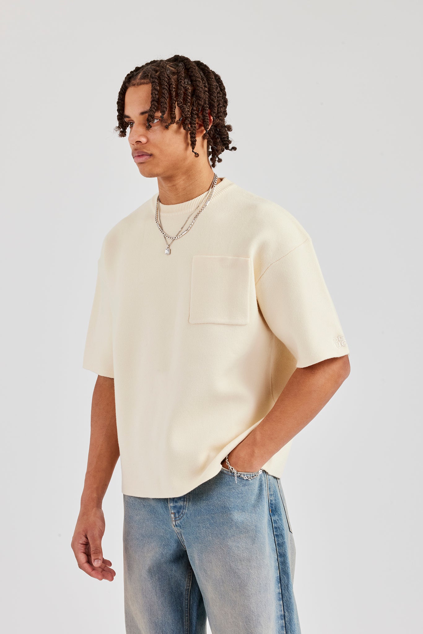 Premium Knitted Short Sleeve Boxy T-Shirt - Off White | Mens