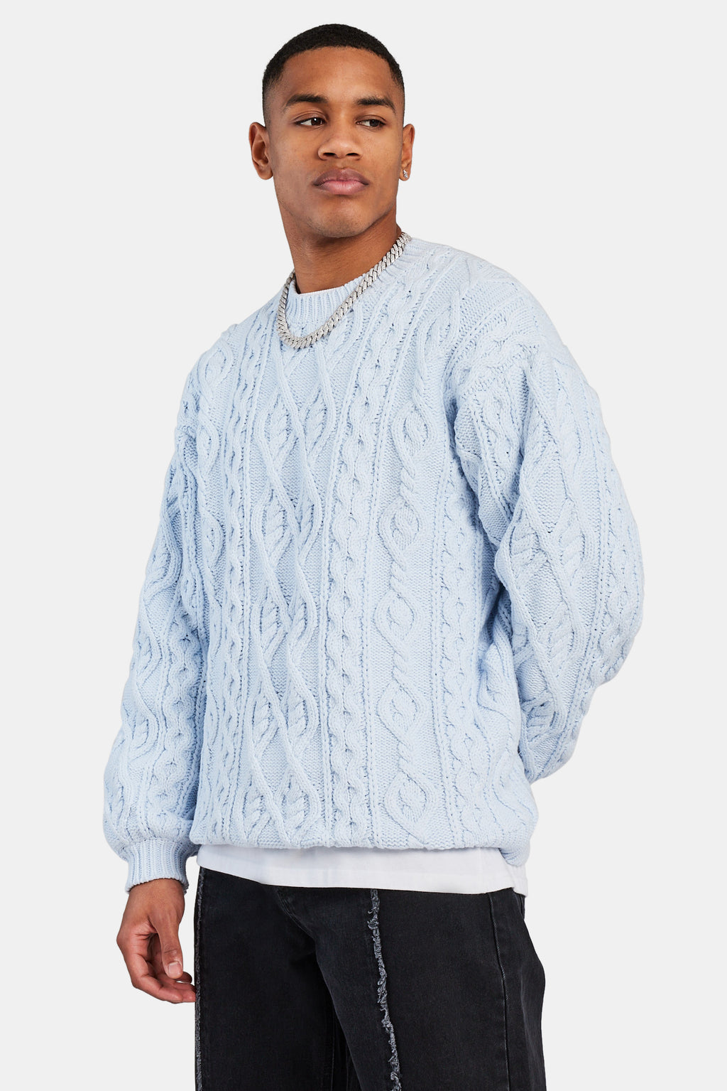 Cable Knit Varsity Sweater - Blue, Mens Knitwear