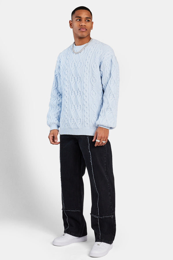 Cable Knit Varsity Sweater - Blue