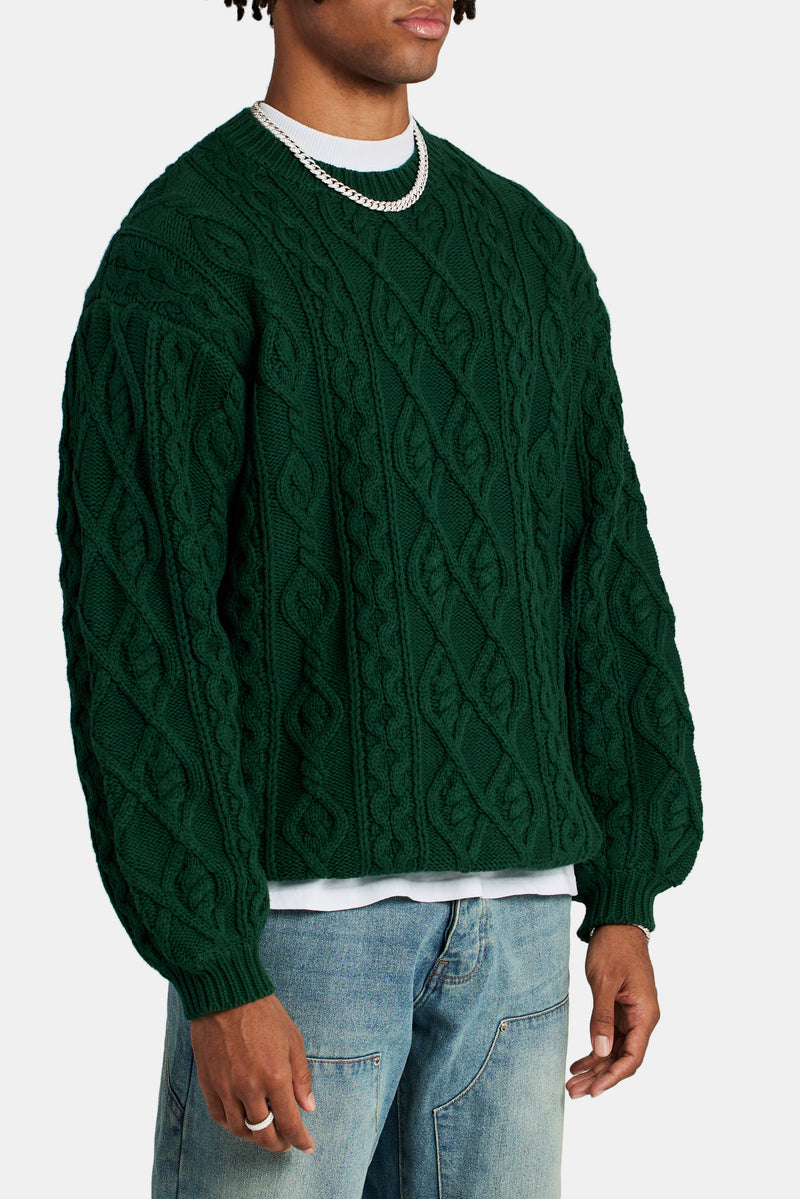 Cable Knit Varsity Sweater  - Forest Green