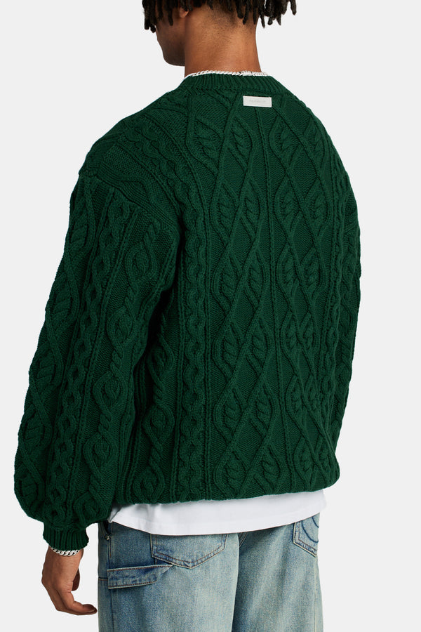 Cable Knit Varsity Sweater  - Forest Green