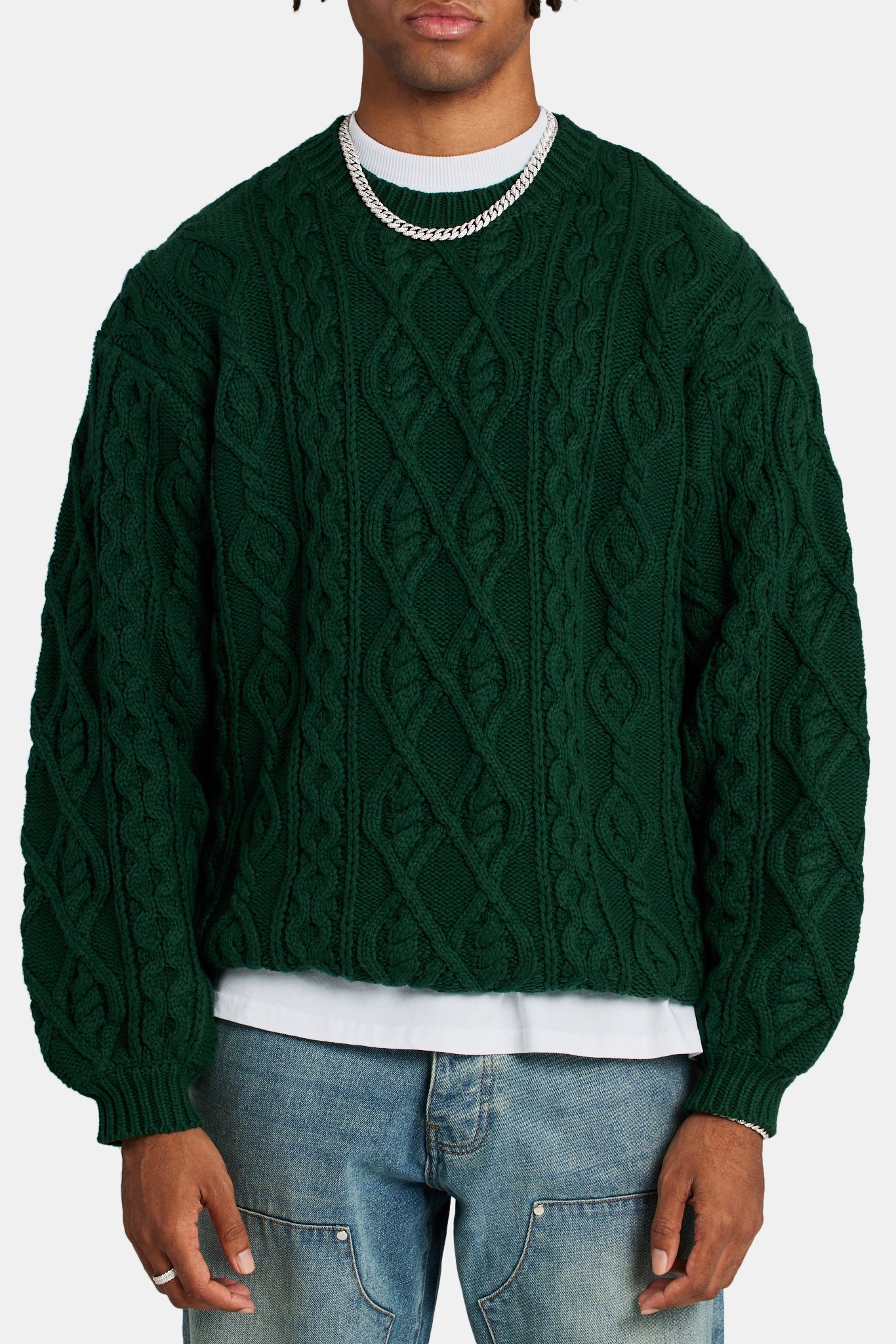 Cable Knit Varsity Sweater - Forest Green | Mens Knitwear | Shop ...
