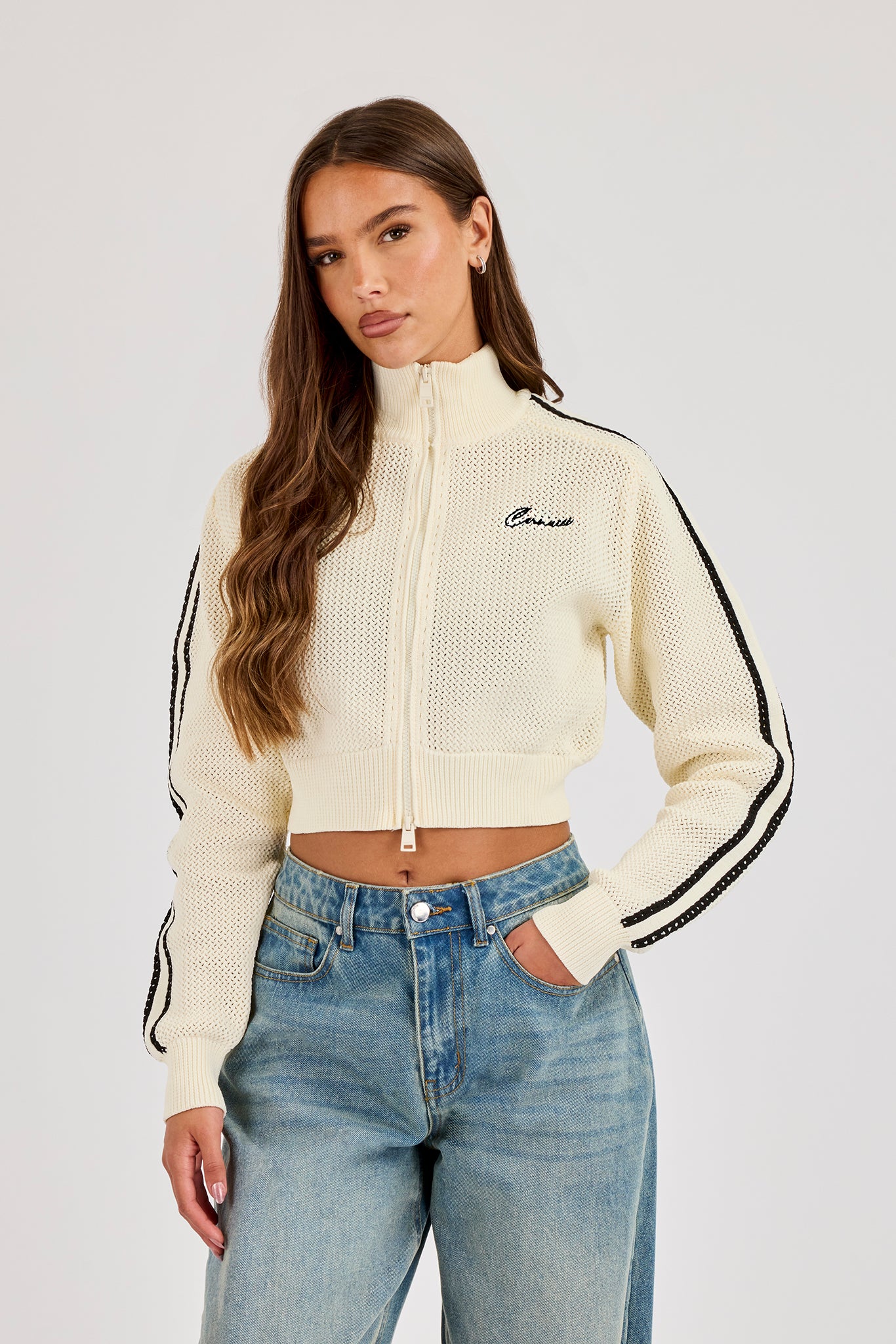 Knitted Taping Funnel Neck Track Jacket - Off White